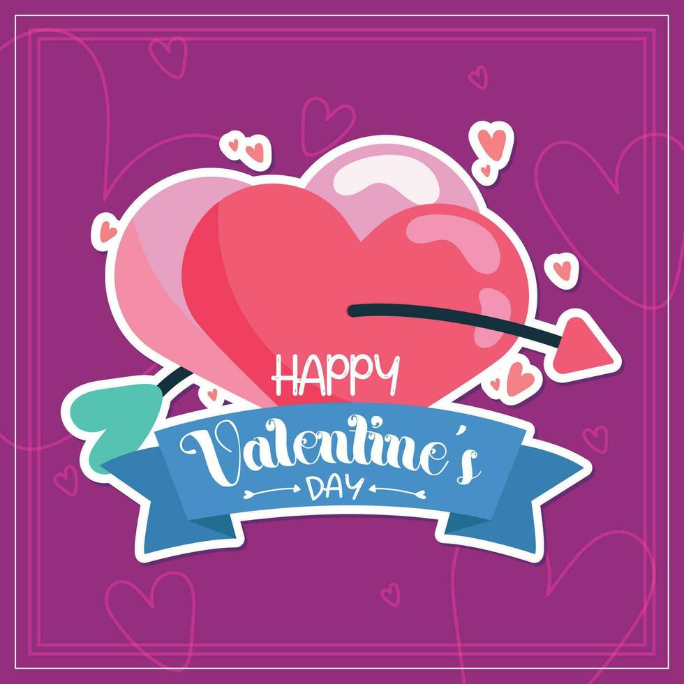 Cupid arrow with two heart shapes Valentine day poster Vector illustration