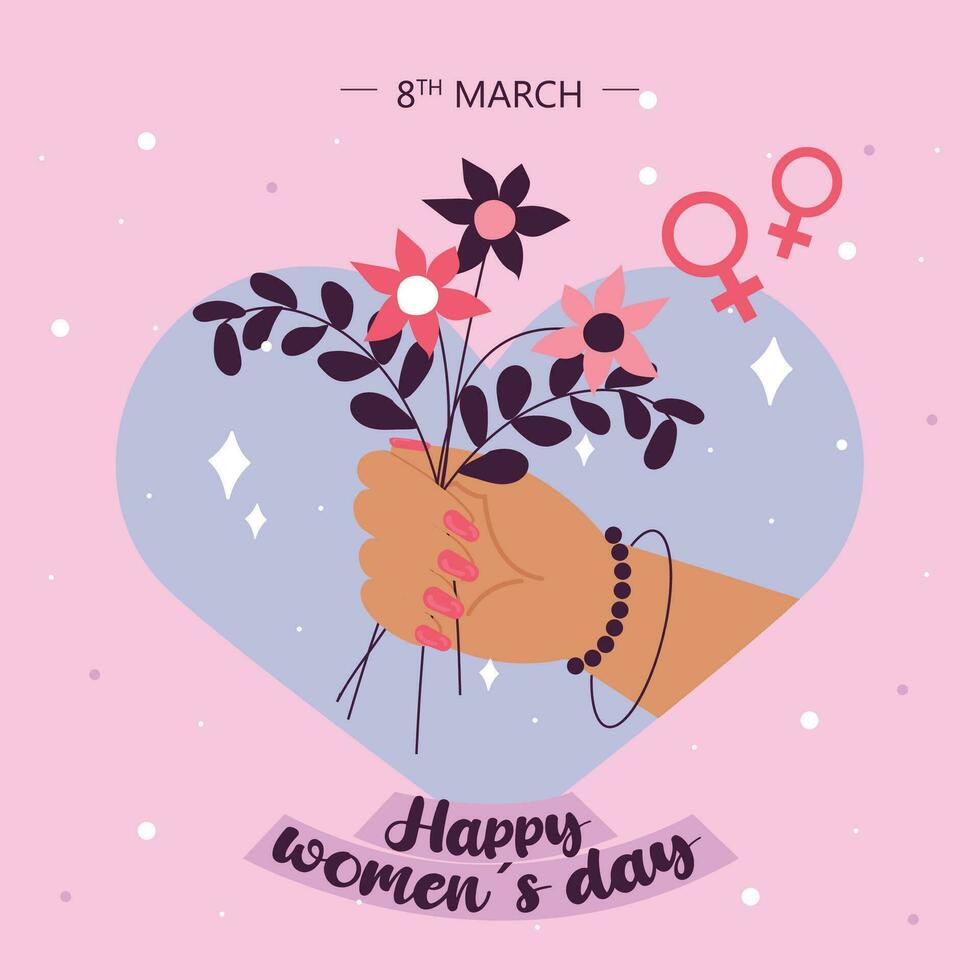 Hand holding group of flowers Happy women day poster Vector illustration