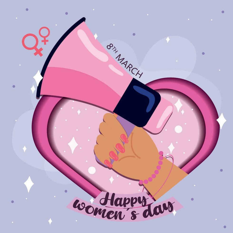 Isolated hand holding a megaphone Happy women day poster Vector illustration