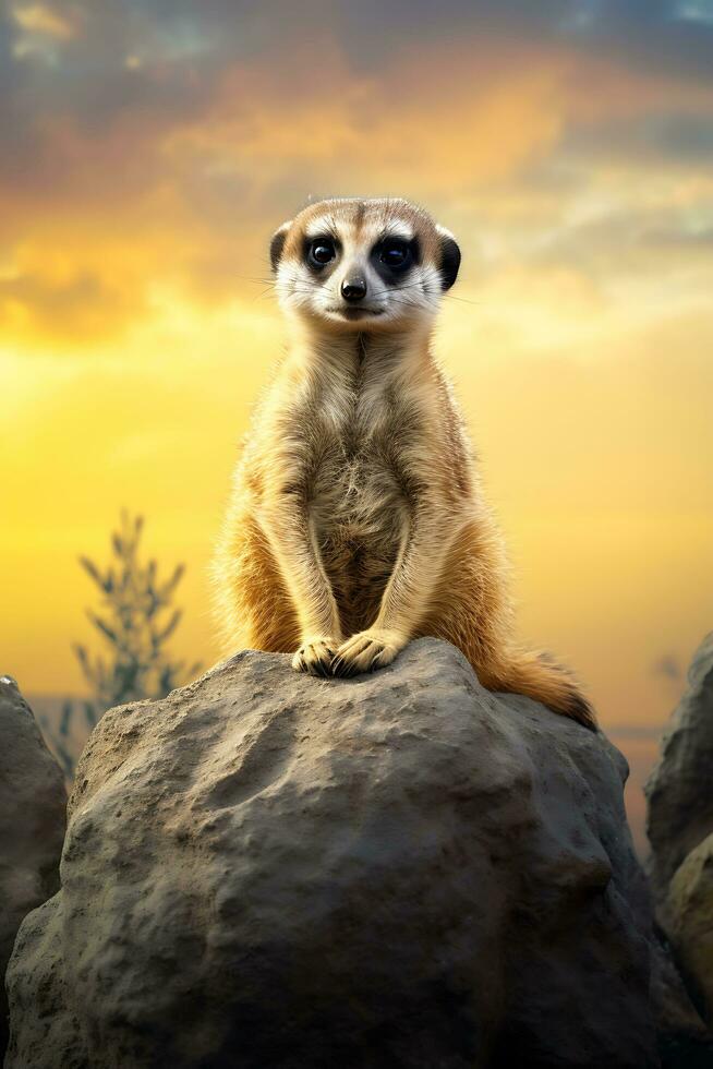 un suricata sentado en parte superior de un grande rock ai generado foto