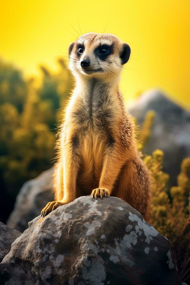 un suricata sentado en parte superior de un grande rock ai generado foto
