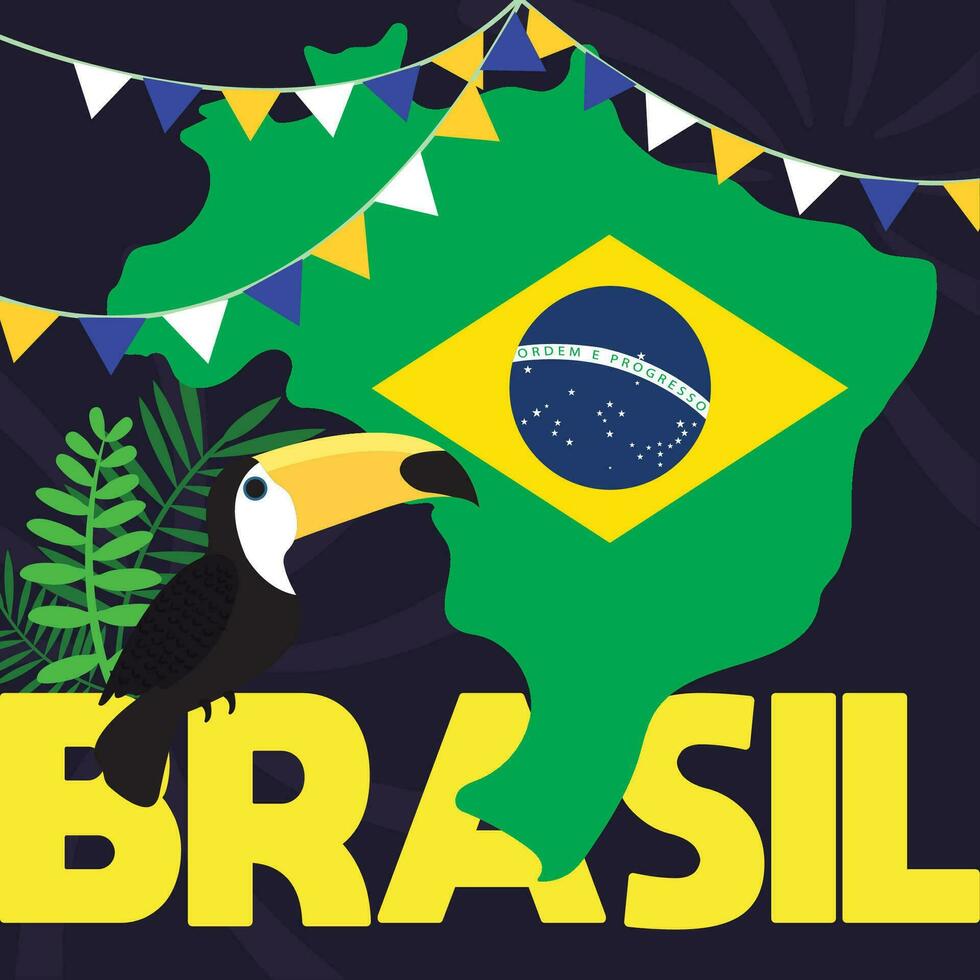 Colored brazil poster with its map and flag Vector illustration