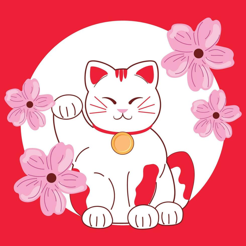 Isolated traditional japanese cat with flowers Japan Vector illustration