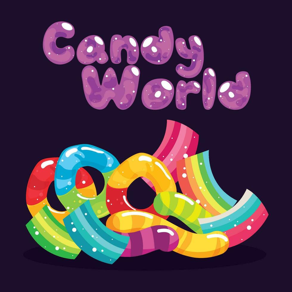 Isolated group of worm and round candies Candy world poster Vector illustration