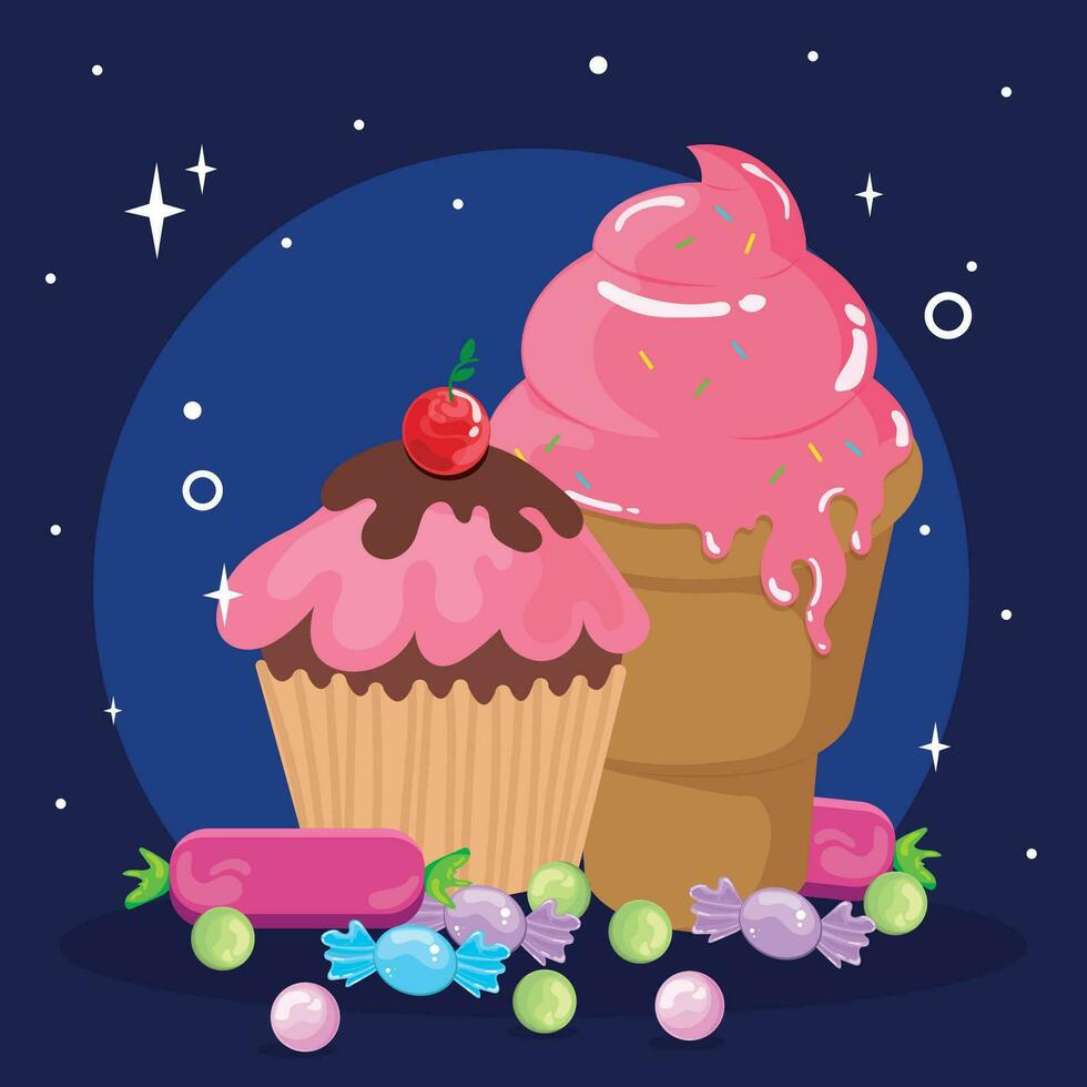 Ice cream and cupcake with candies Vector illustration