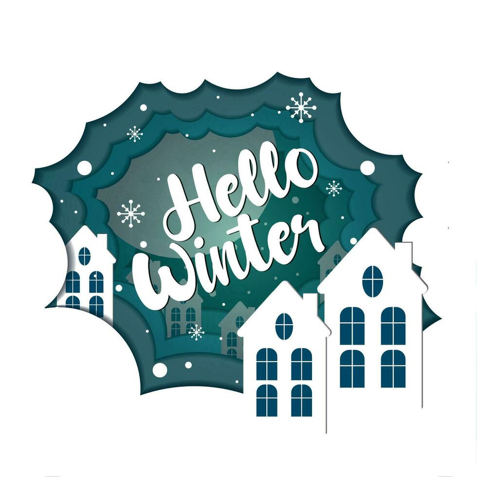 Winter landscape with house and snow Paper art style Vector illustration