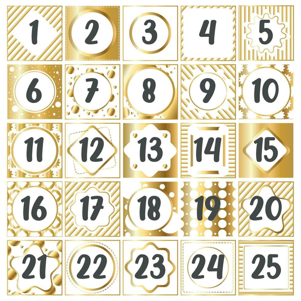 Golden christmas advent calendar with wrapped presents Vector illustration