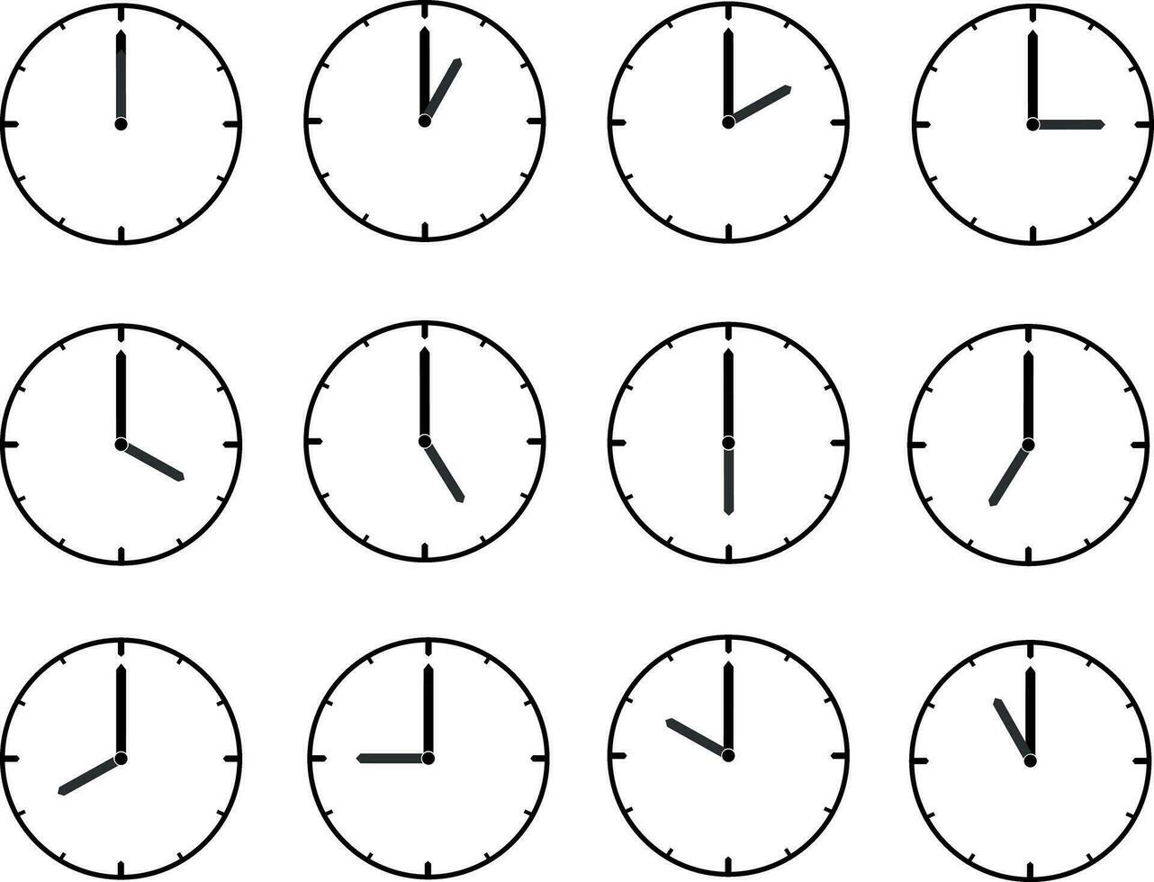 Clock icon set. Time clock icon collection. Line clock symbol isolated on white background. Collection of clock icons with varying times vector