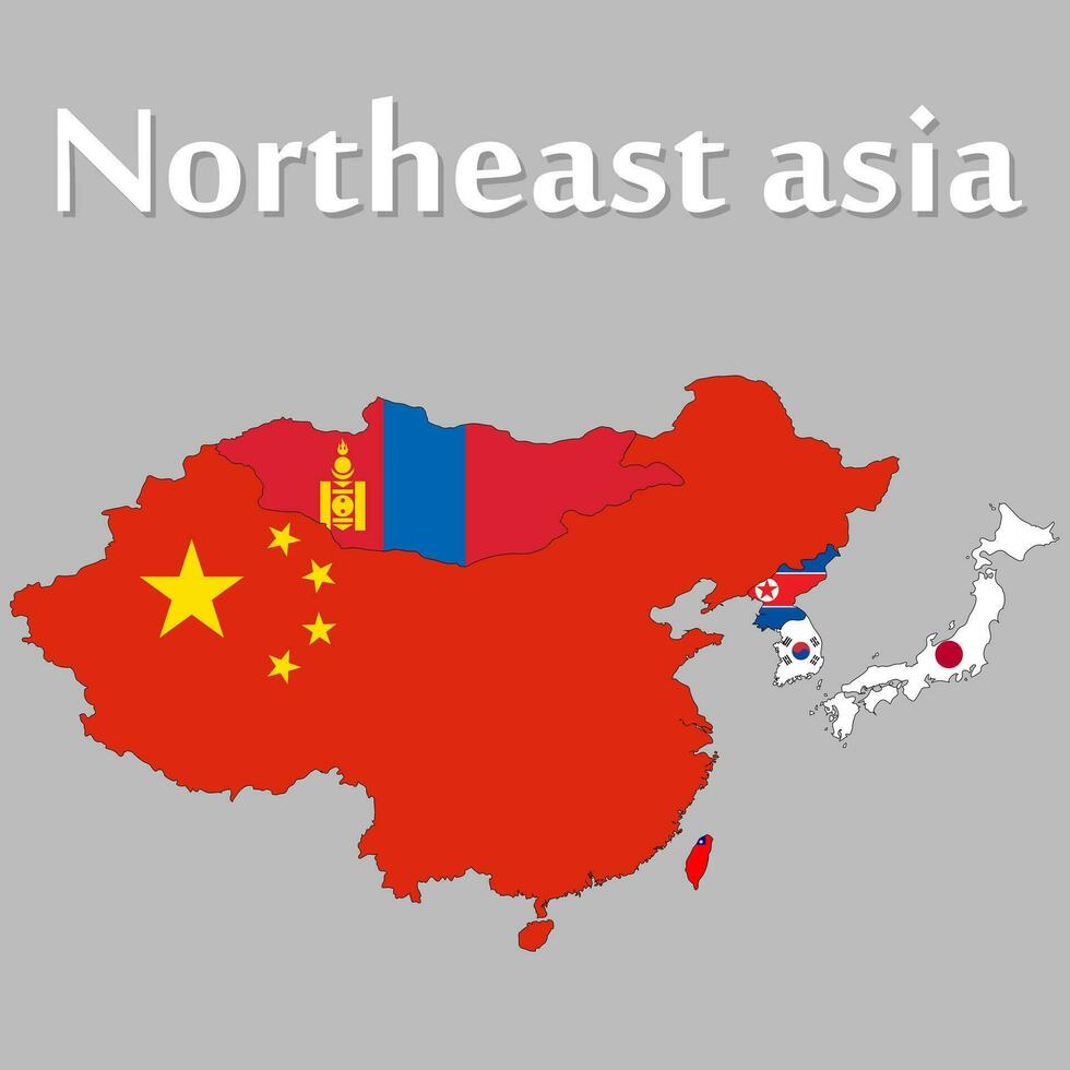 Noreste Asia mapa desplegado como el nacional bandera de cada país. vector