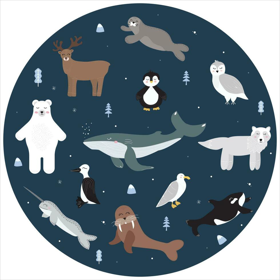 Cute polar animals, seabirds and mammals. The Arctic banner is stylized as a circle. Polar world, northern life. Vector illustration in cartoon style. Conceptual map with polar inhabitants.