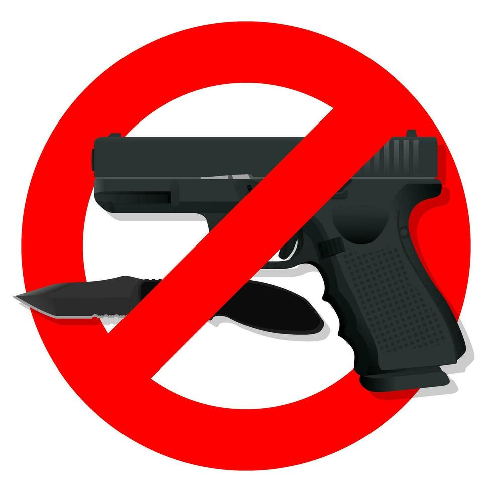 Sign warning against carrying firearms Areas where carrying weapons is prohibited Red prohibition sign overlaid on a firearm, vector illustration.