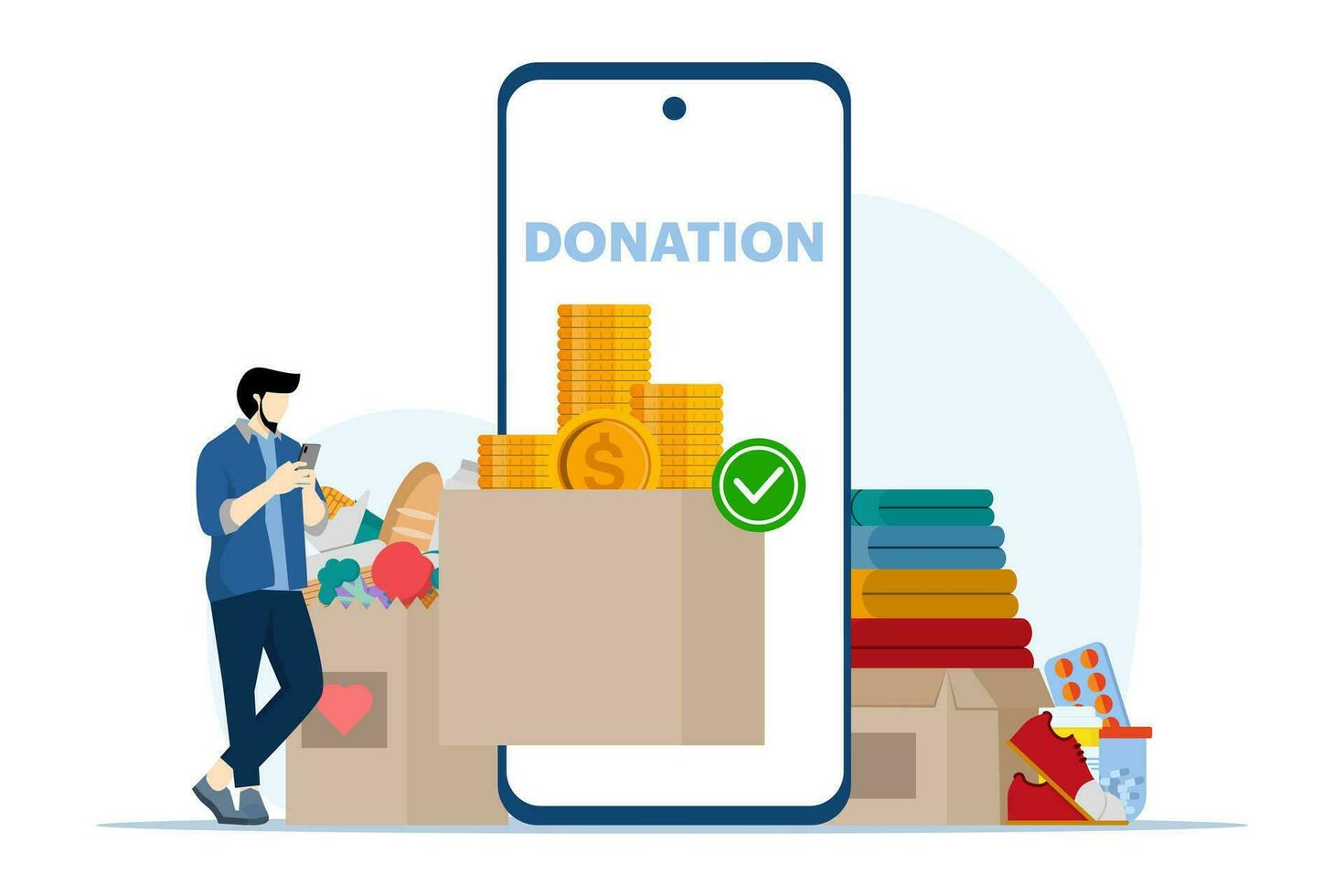 Charity and help from a small volunteer community. People giving money, clothes and medicine help voluntarily, sponsorship, altruism concept for banner, website design or landing web page. vector