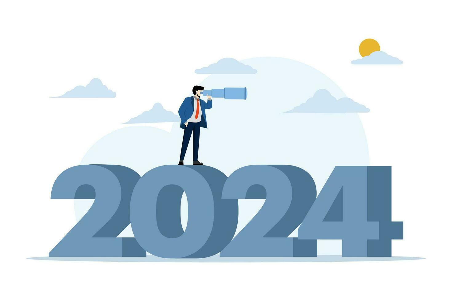 Concept of strategic action planning in new year 2024, setting business goals to reach the top, vision for business development or future career, man standing in 2024 and looking through binoculars. vector