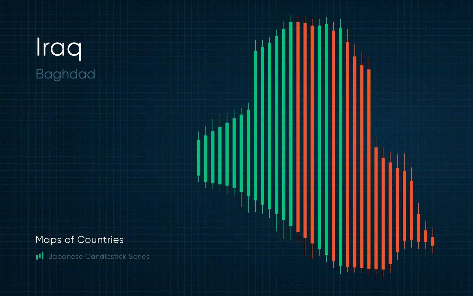 Iraq map is shown in a chart with bars and lines. Japanese candlestick chart Series vector