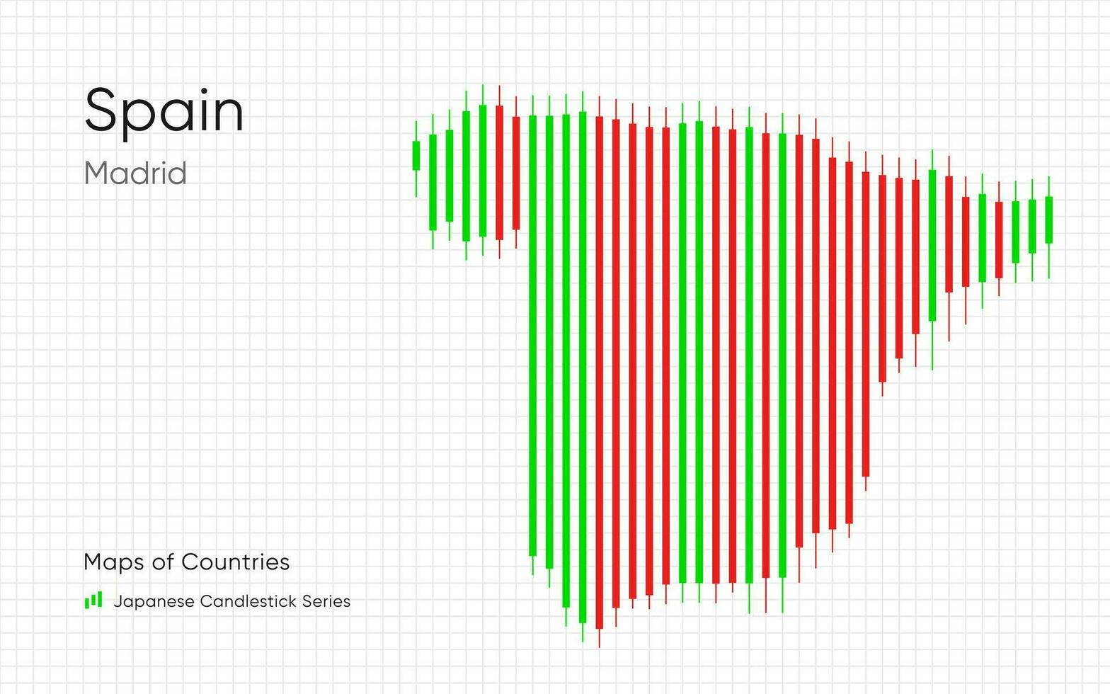 Spain map is shown in a chart with bars and lines. Japanese candlestick chart Series vector