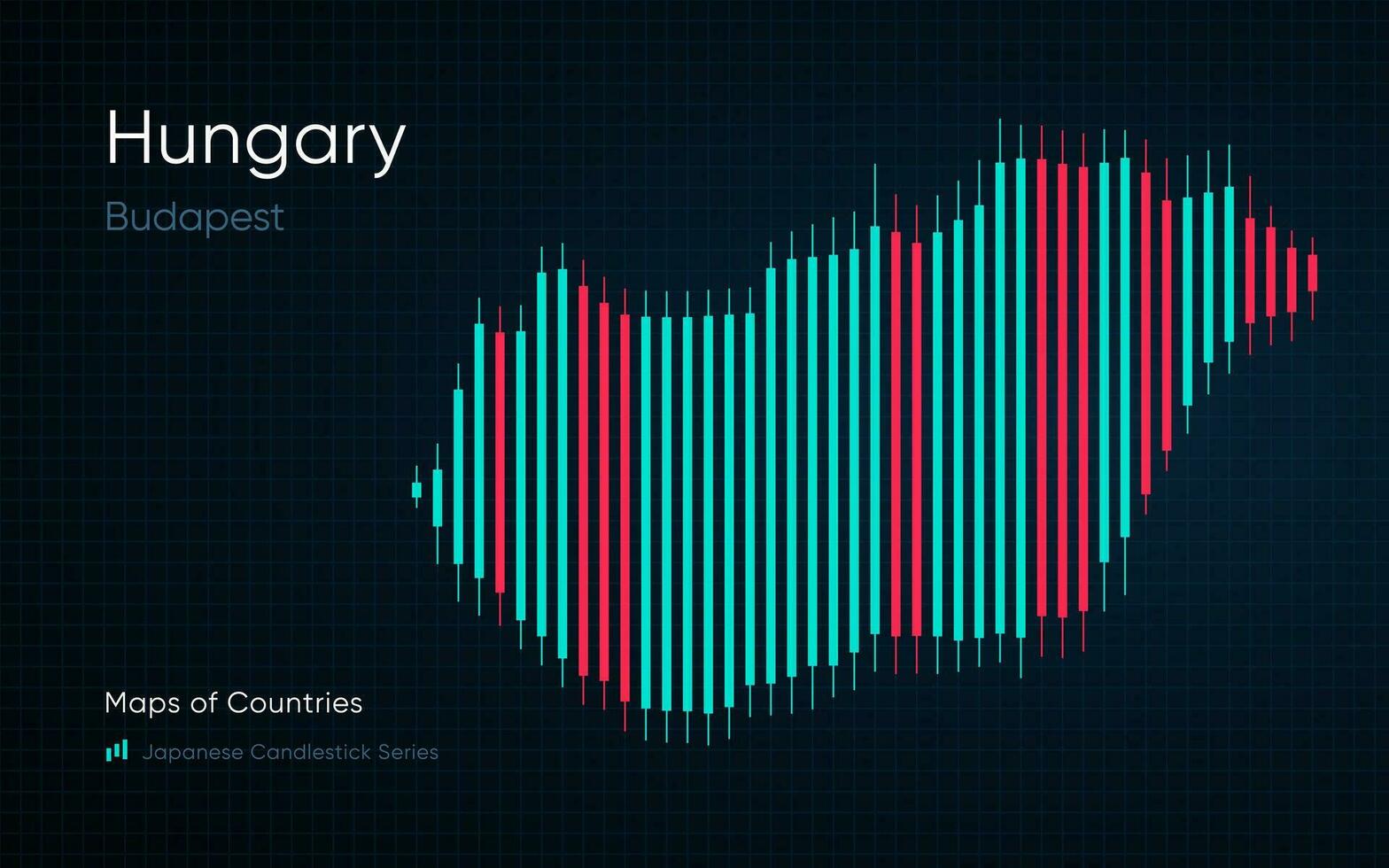 Hungary map is shown in a chart with bars and lines. Japanese candlestick chart Series vector