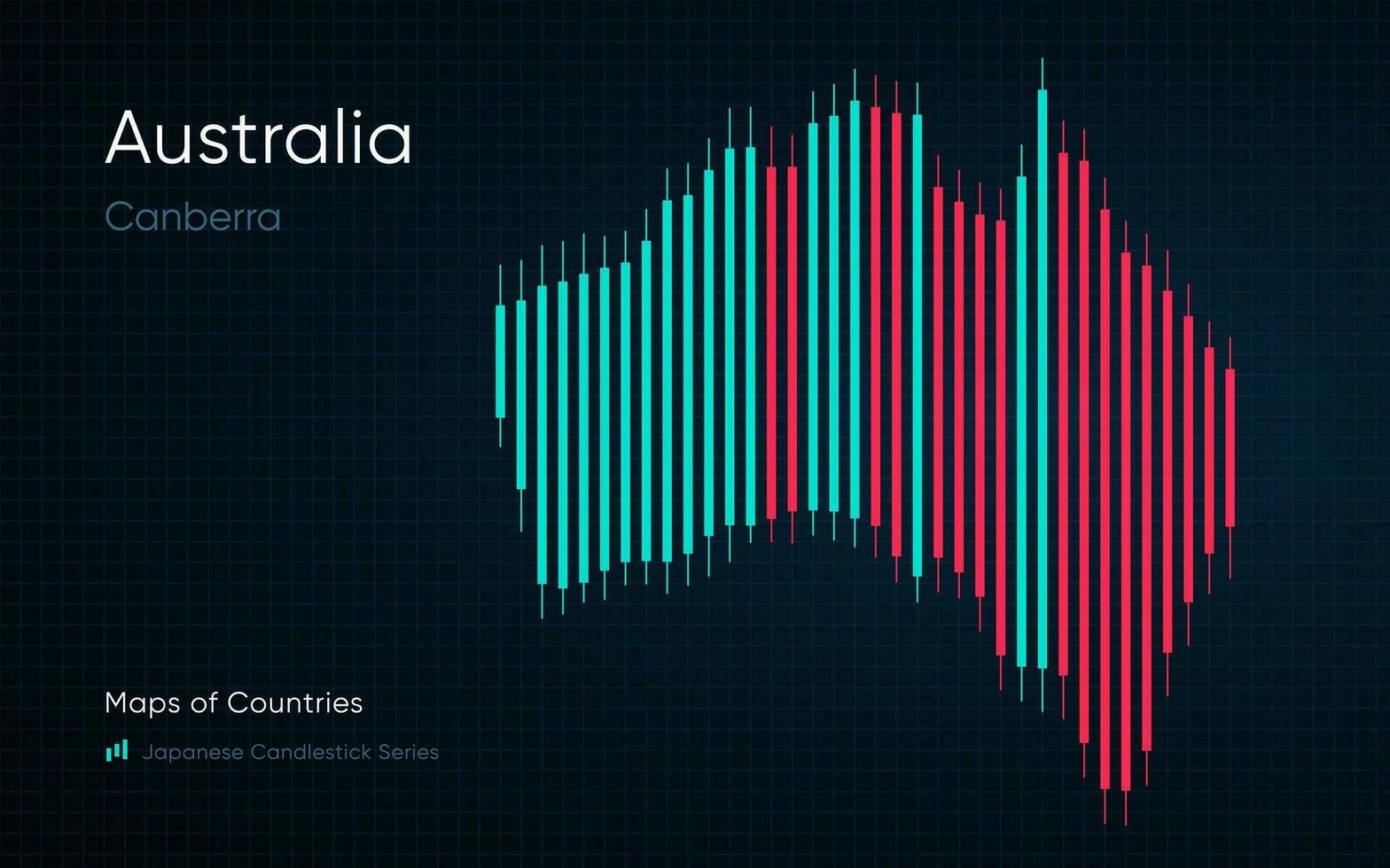 Australia map is shown in a chart with bars and lines. Japanese candlestick chart Series vector