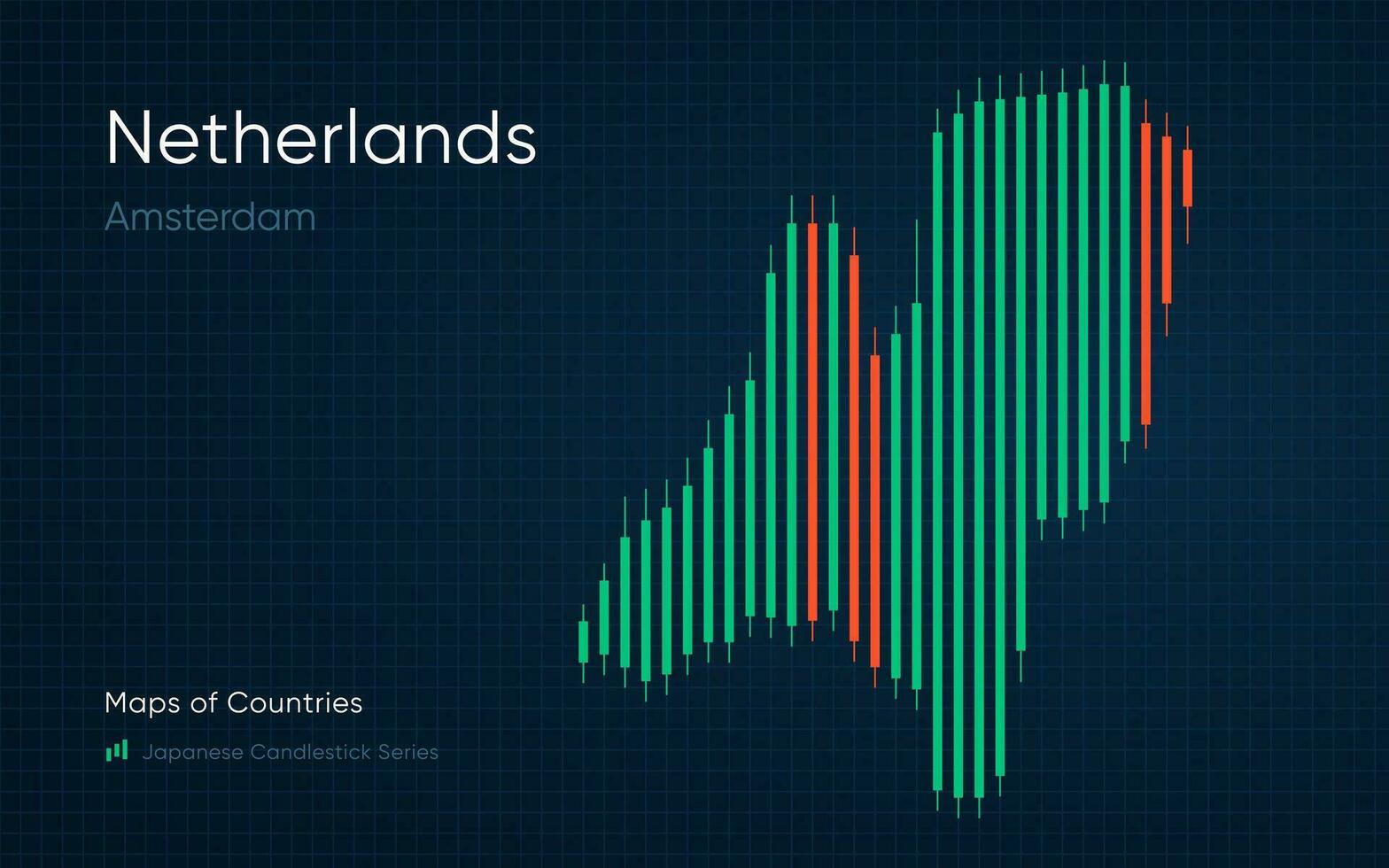 Netherlands map is shown in a chart with bars and lines. Japanese candlestick chart Series vector