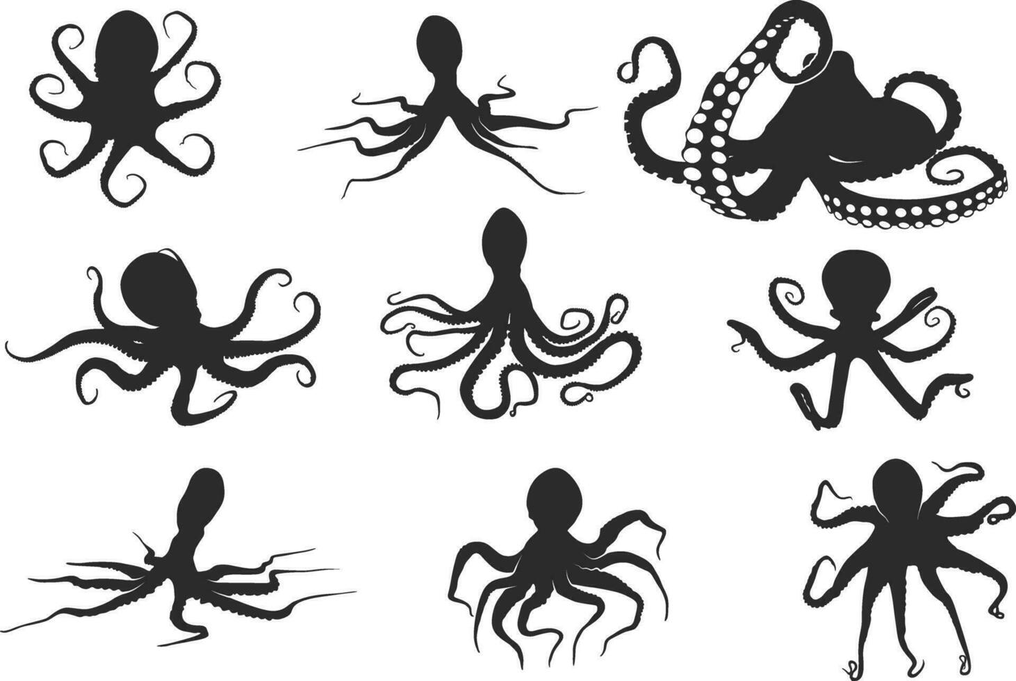 pulpo silueta, pulpo vector, pulpo siluetas, pulpo clipart, pulpo icono conjunto vector