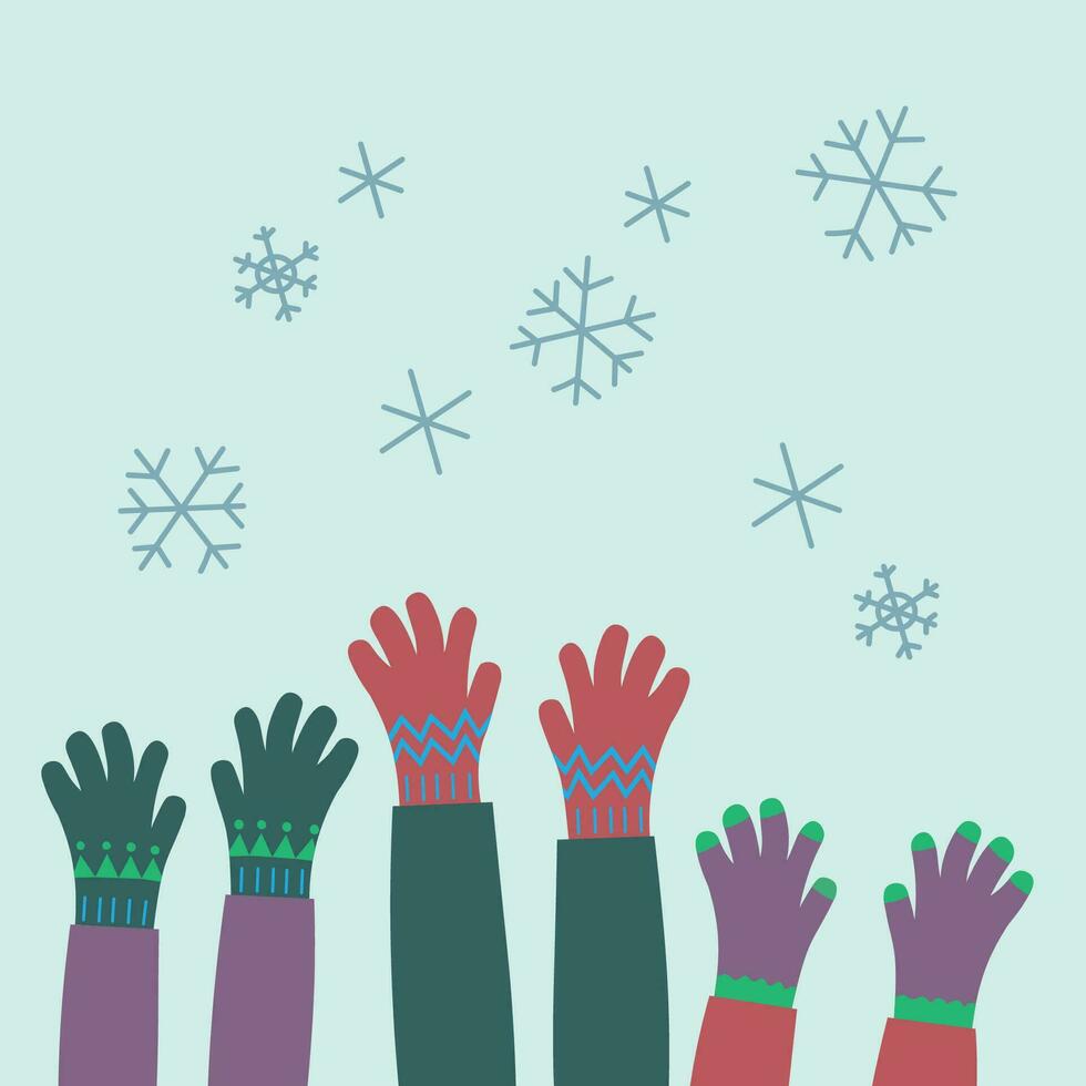 manos en diferente de punto guantes captura copos de nieve, mano dibujado plano vector ilustración. concepto para infancia, tejido de punto, Felicidades en invierno vacaciones, nuevo año, Navidad. diseño tarjeta