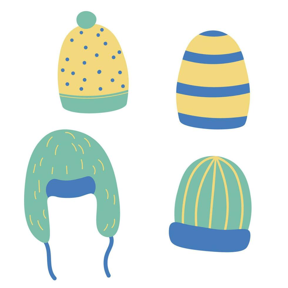 Hats warm accessories hand drawn flat vector illustration cartoon style. Doodle set with different kind headwear, knitted caps, earflap hat. Icons and design elements for print, card, template, paper