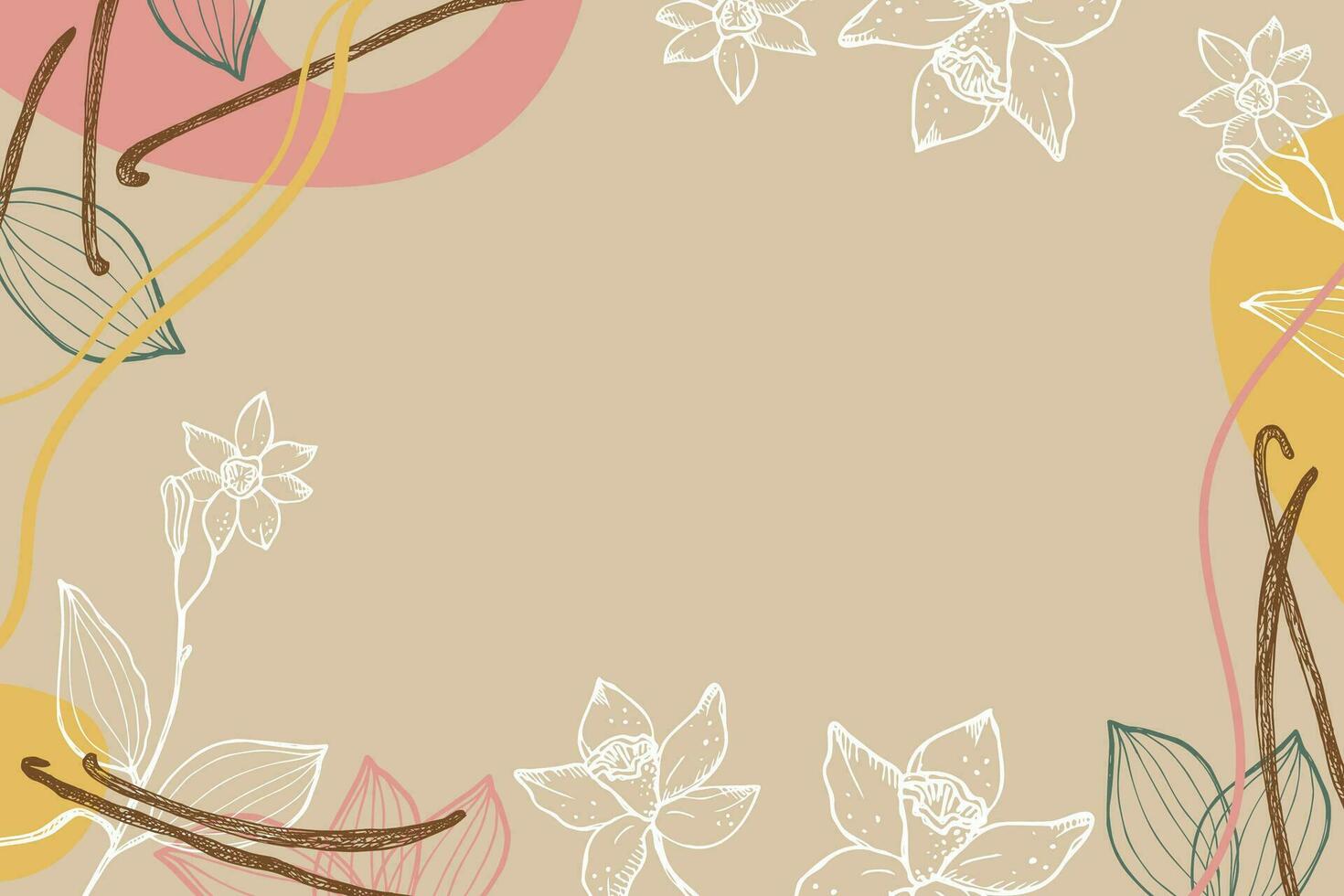 Vanilla label template background for text. Flower and sticks of vanilla plant vector illustration with pods, fragrant spices. For label,spice packaging, card, banner. Hand drawn abstract design