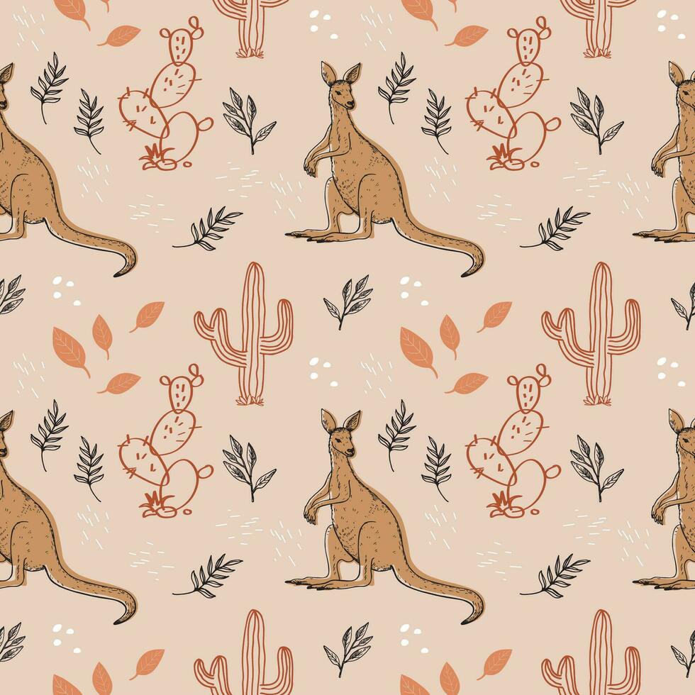 Kangaroo seamless pattern hand drawn background with animals, cactus, plants flat vector illustration. Boho backdrop for wrapping, design, print, paper, textile, card