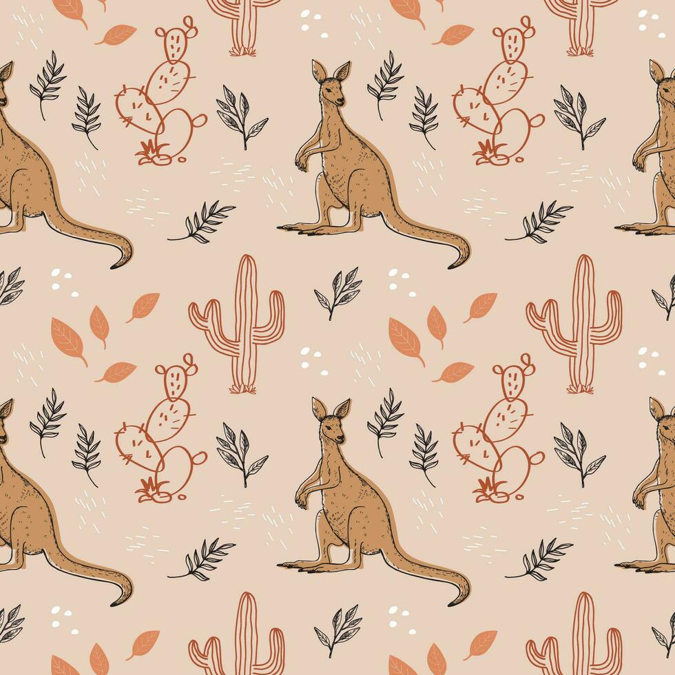 Kangaroo seamless pattern hand drawn background with animals, cactus, plants flat vector illustration. Boho backdrop for wrapping, design, print, paper, textile, card