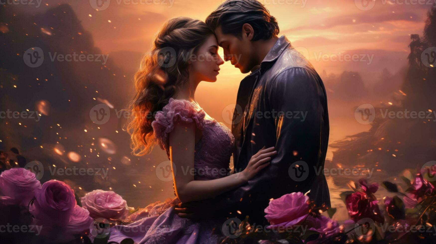 AI generated A Fantasy of Love - Young Couple Tenderly Hugging and Kissing - Generative AI photo