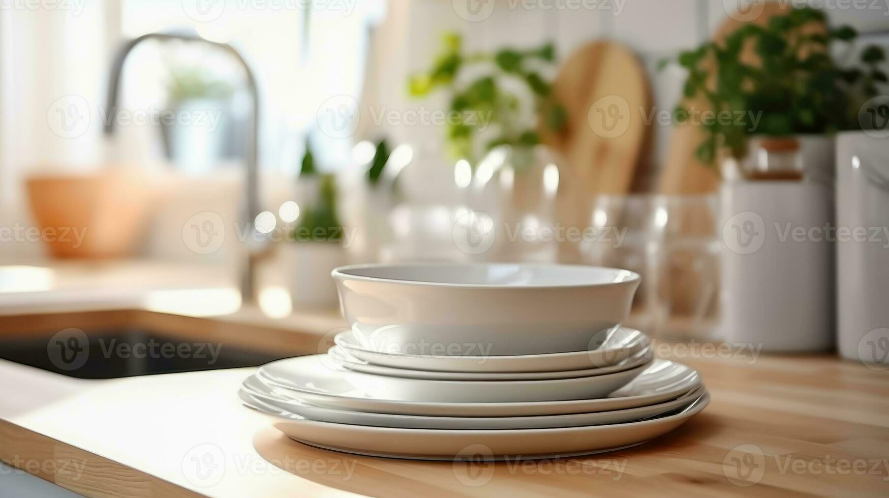 AI generated Domestic Bliss - Neatly Arranged Dishes on the Kitchen Surface by the Sink and Window - Generative AI photo