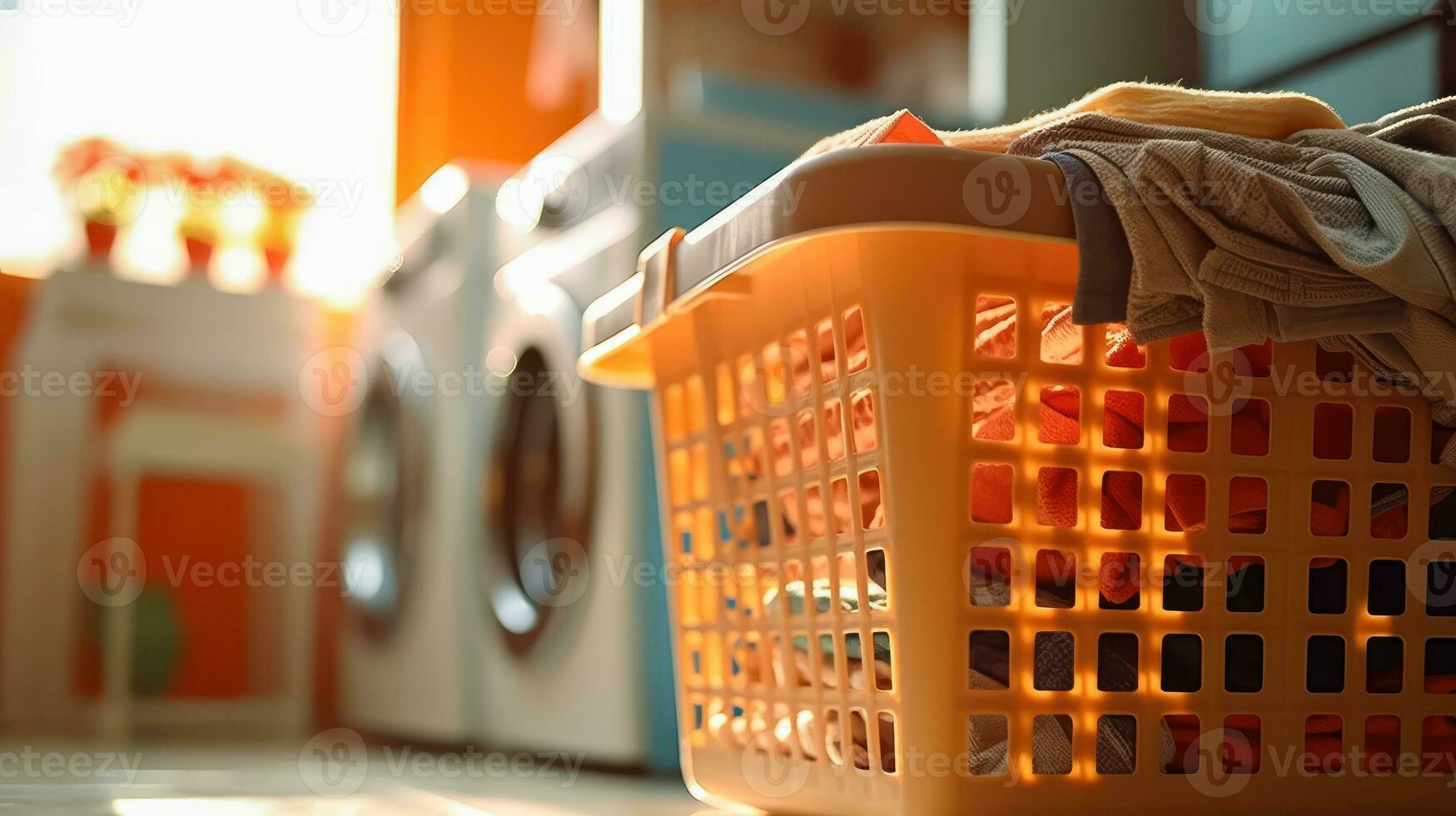 AI generated Domestic Duties - Dirty Laundry Pile Next to the Washing Machine - Generative AI photo