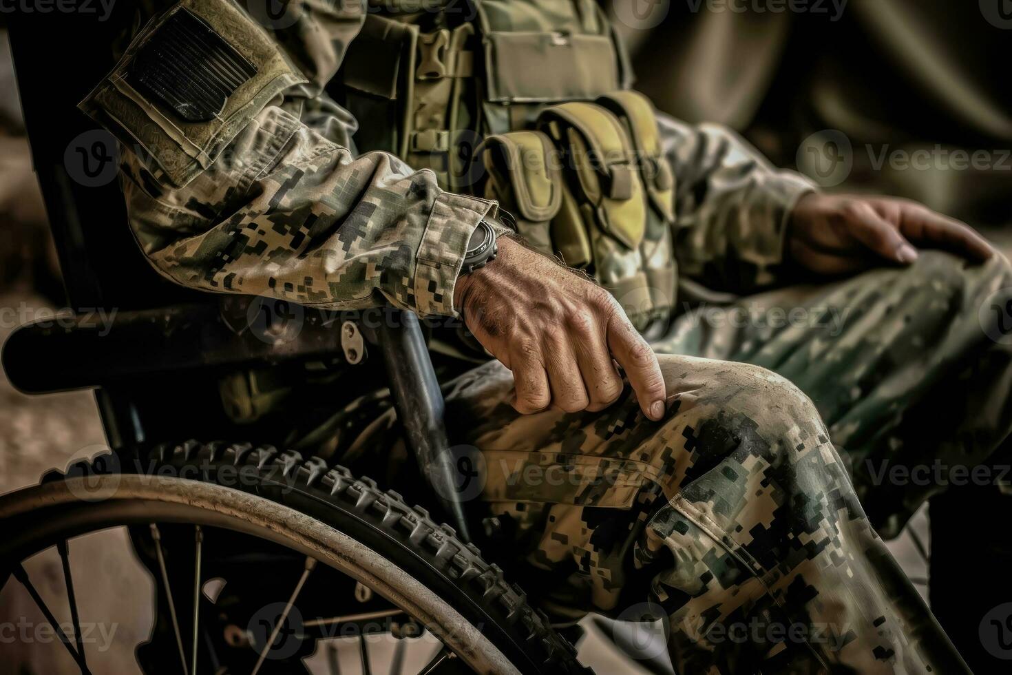 ai generado de guerrero Resiliencia - un sentado soldado en militar atuendo - generativo ai foto