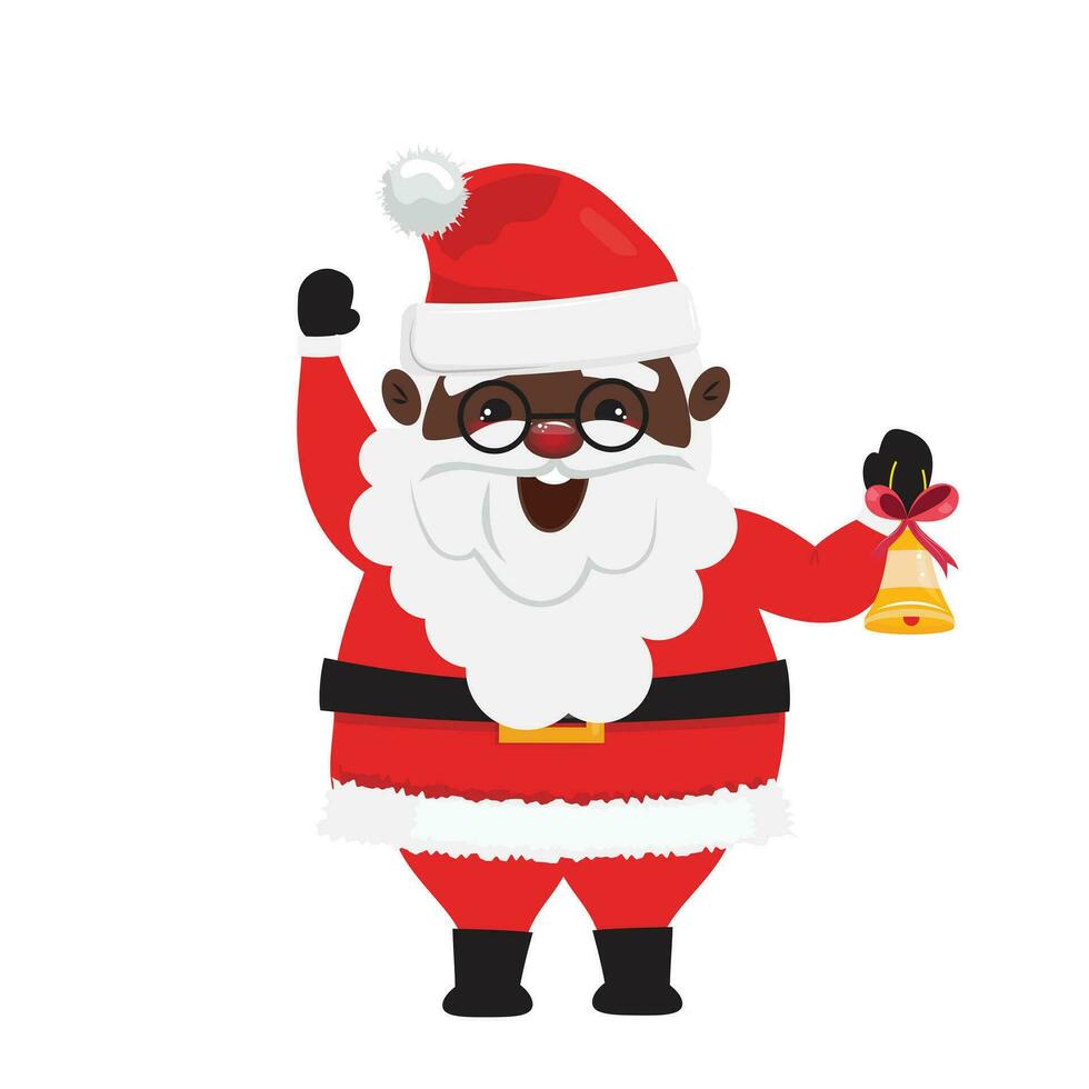 Black Santa Claus wearing glasses, holding a golden bell and greeting vector