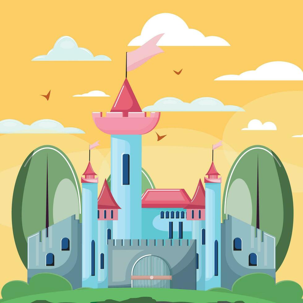 Colourful castle in the forest and yellow sky. Dreamland illustration vector