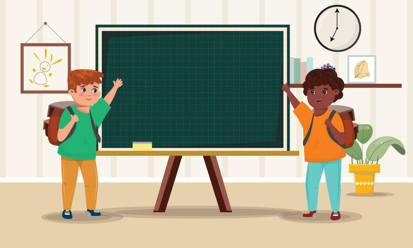 Two different boys greeting each other in the classroom vector