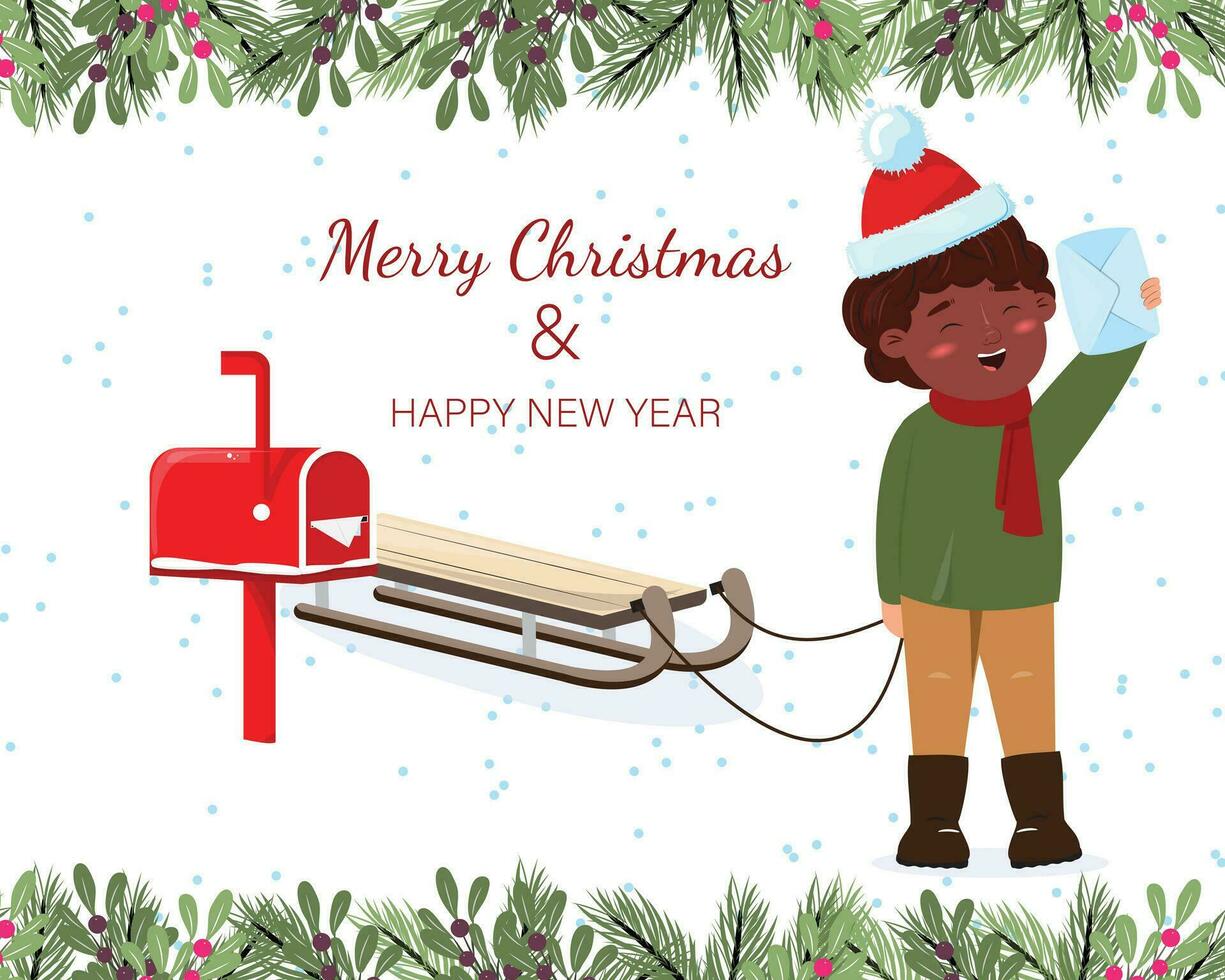 Black boy holding a letter to Santa Claus and pulling a sleigh. Merry Christmas and Happy New Year card vector