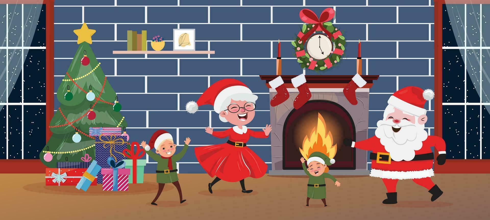 Santa Claus, mrs. Claus, elves dancing indoor next to the fire place and Christmas tree vector