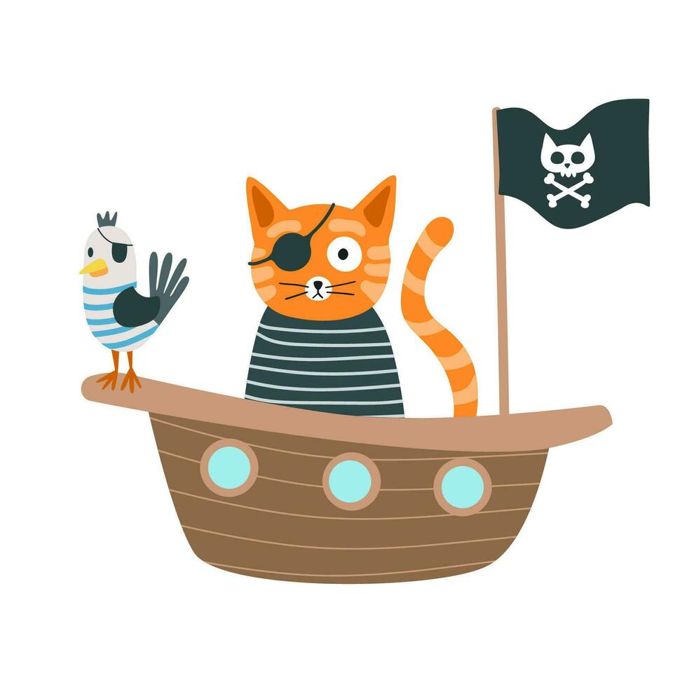 Pirate cat on a ship. Children's illustration. Hand drawn vector illustration.