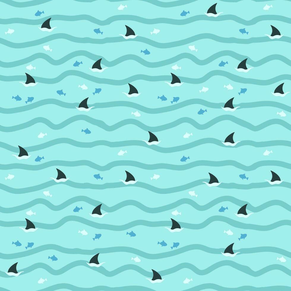 Waves in the sea and sharks. Seamless pattern. Children's print. Vector illustration