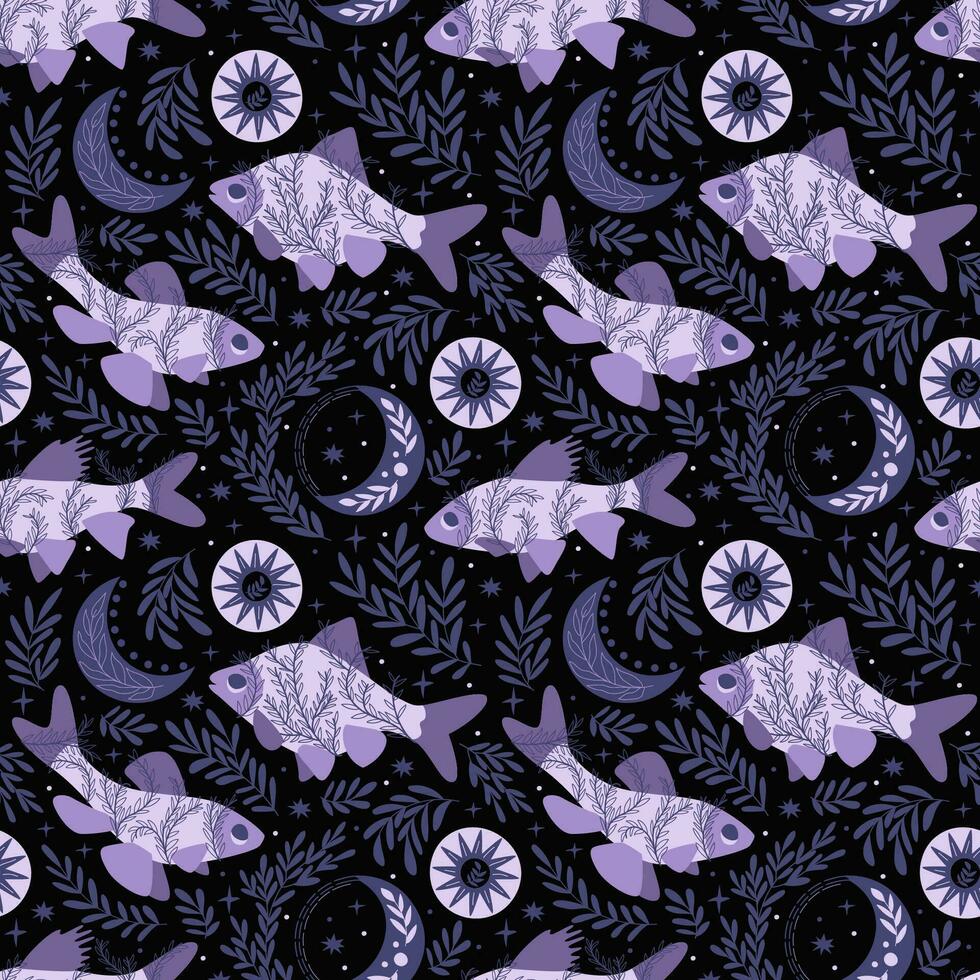 fish and stars, crescent. Seamless pattern. Mystical print design on a purple background. Hand drawn vector illustration.