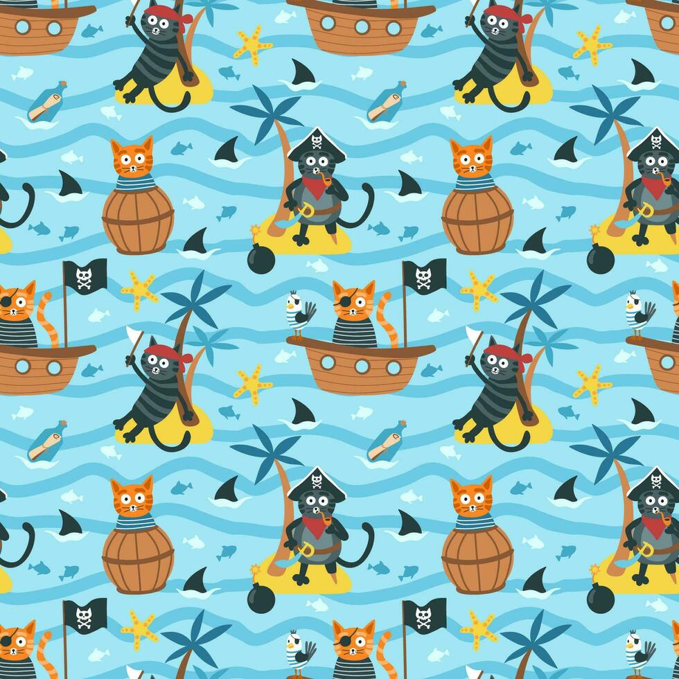Cats are pirates. Funny cats in the sea. Seamless pattern. Vector illustration