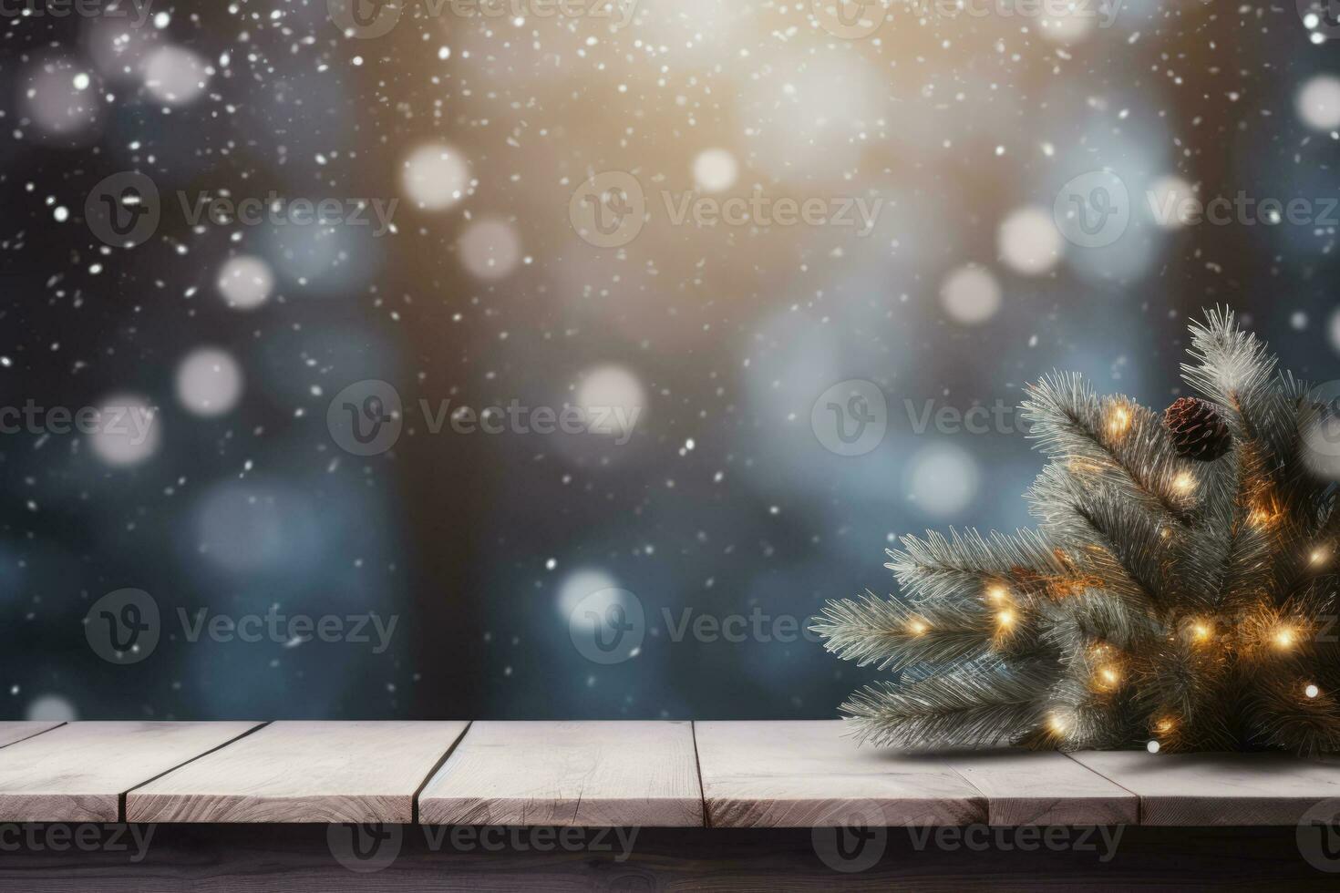 Wooden table with christmas decoration on bokeh background. Generative AI photo