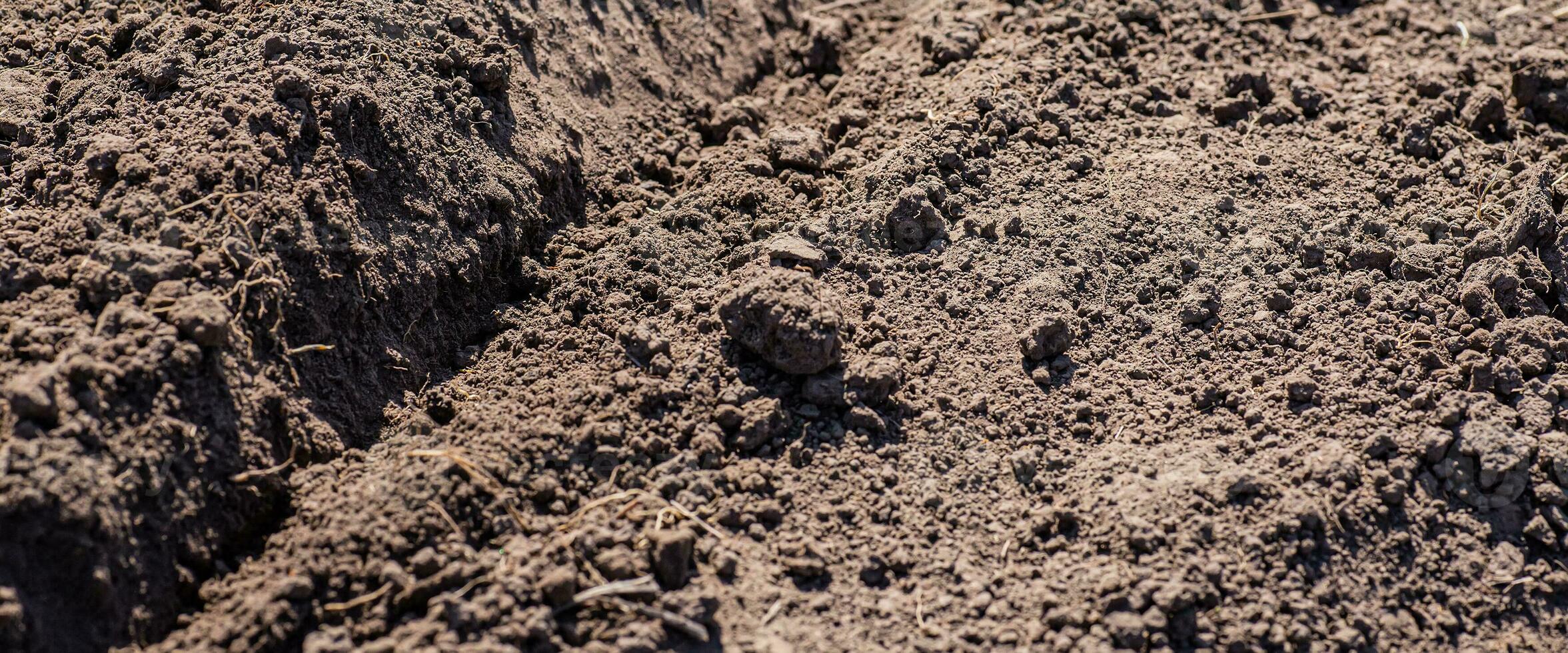 ploughed field is ready to plant in spring. Agriculture field with black soil for planting. Nature texture photo