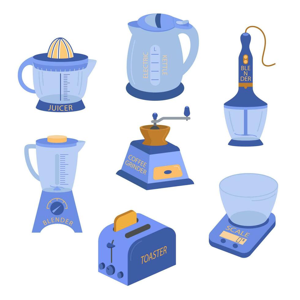Set of household appliance and device. Kettle, hand and electric blender, toaster, scale, juicer, coffee grinder. Daily indoor gadgets isolated on white background. Flat vector illustration