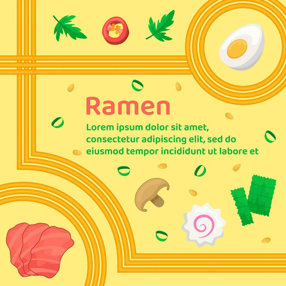 Ramen soup with meat, egg, mushrooms, kamaboko, pepper, nori and geometric wavy lines of noodles. Instant noodle, pasta and spaghetti. Japanese, Chinese wavy background. Template for menu, card, ad vector
