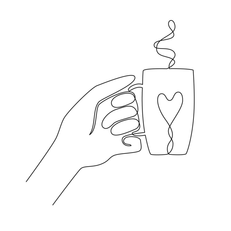 One continuous line drawing of hand holding a ceramic mug. Side view. Hot coffee or tea concept. Great for print, menu, postcard, invitation. Sketch, line art. Minimalist style. Vector illustration