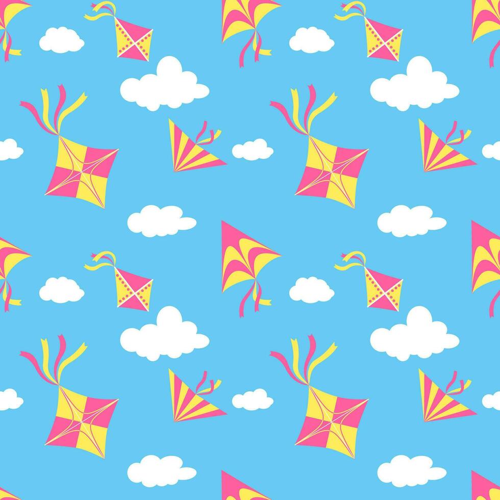 Seamless pattern with kites in the blue sky and white clouds. Great for baby design, wallpaper, pattern fills, web page, fabrics, surface, cards. Vector illustration