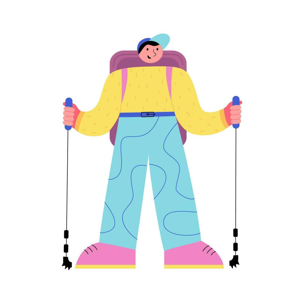 Hiking male tourist with a large backpack. Active recreation concept. Trekking, traveling, walking, tourism. For postcard, banner, network. Vector illustration in doodle style