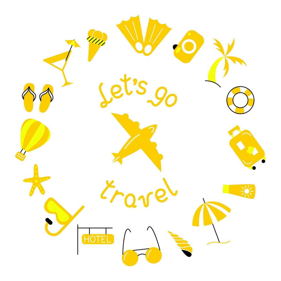 Hand drawn lettering Let's go travel. Inside the inscription is an airplane, and around the text are icons with a tourism theme. Template for banner, poster, web or print design. Vector illustration