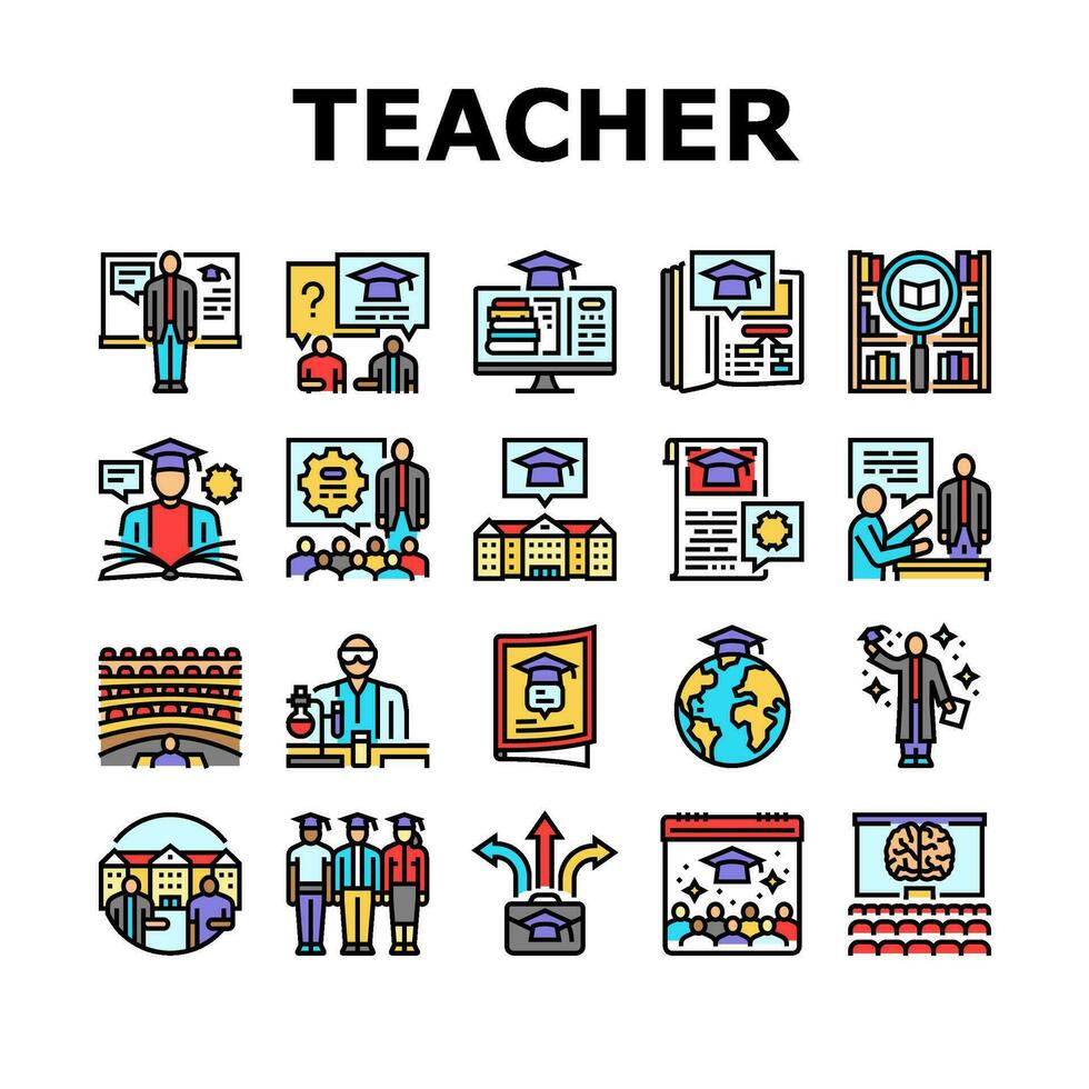 college teacher student class icons set vector